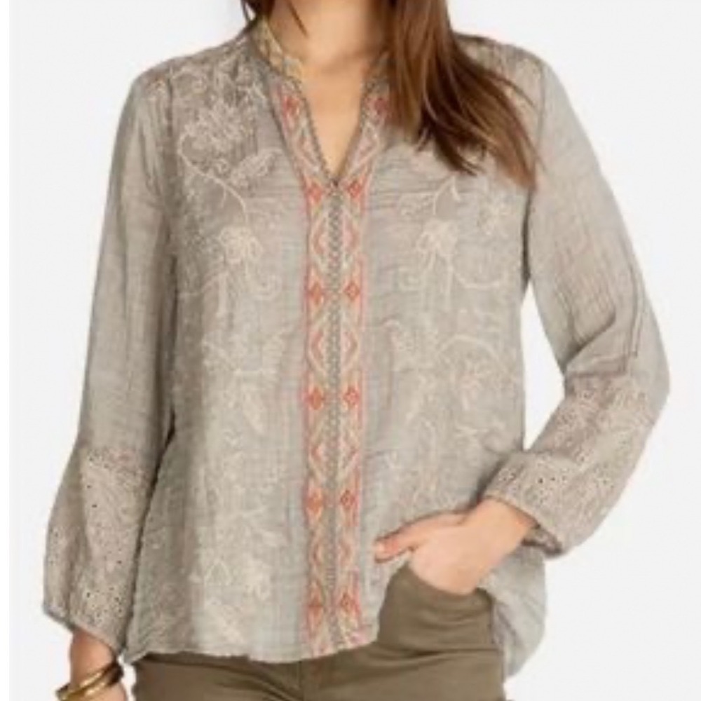 Johnny Was Gray Embroidered Peasant Blouse Boho Split V-Neck Long Sleeve Top